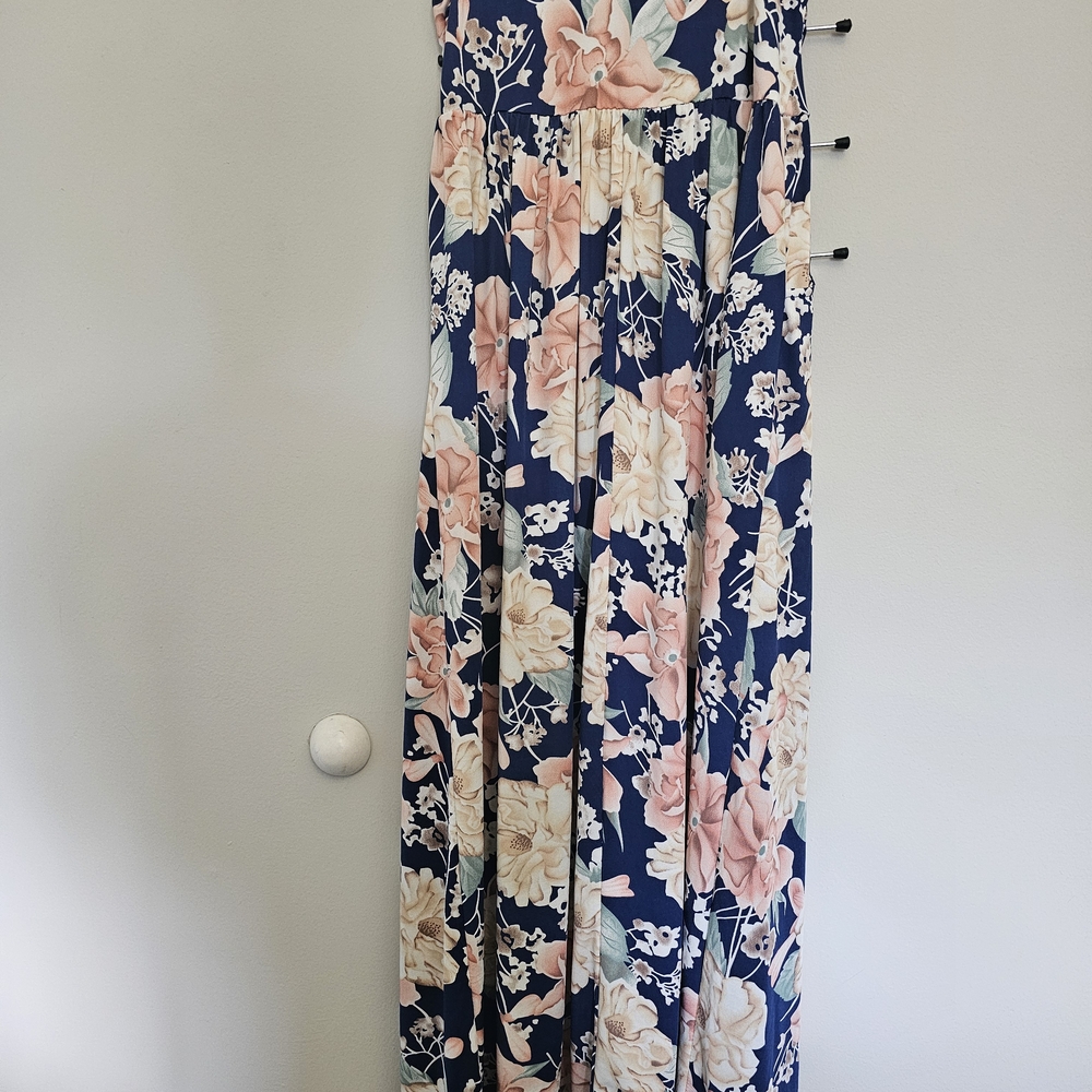 Liebeye Women's Blue and Cream Floral Strapless Maxi Dress Sz L - Picture 9 of 14